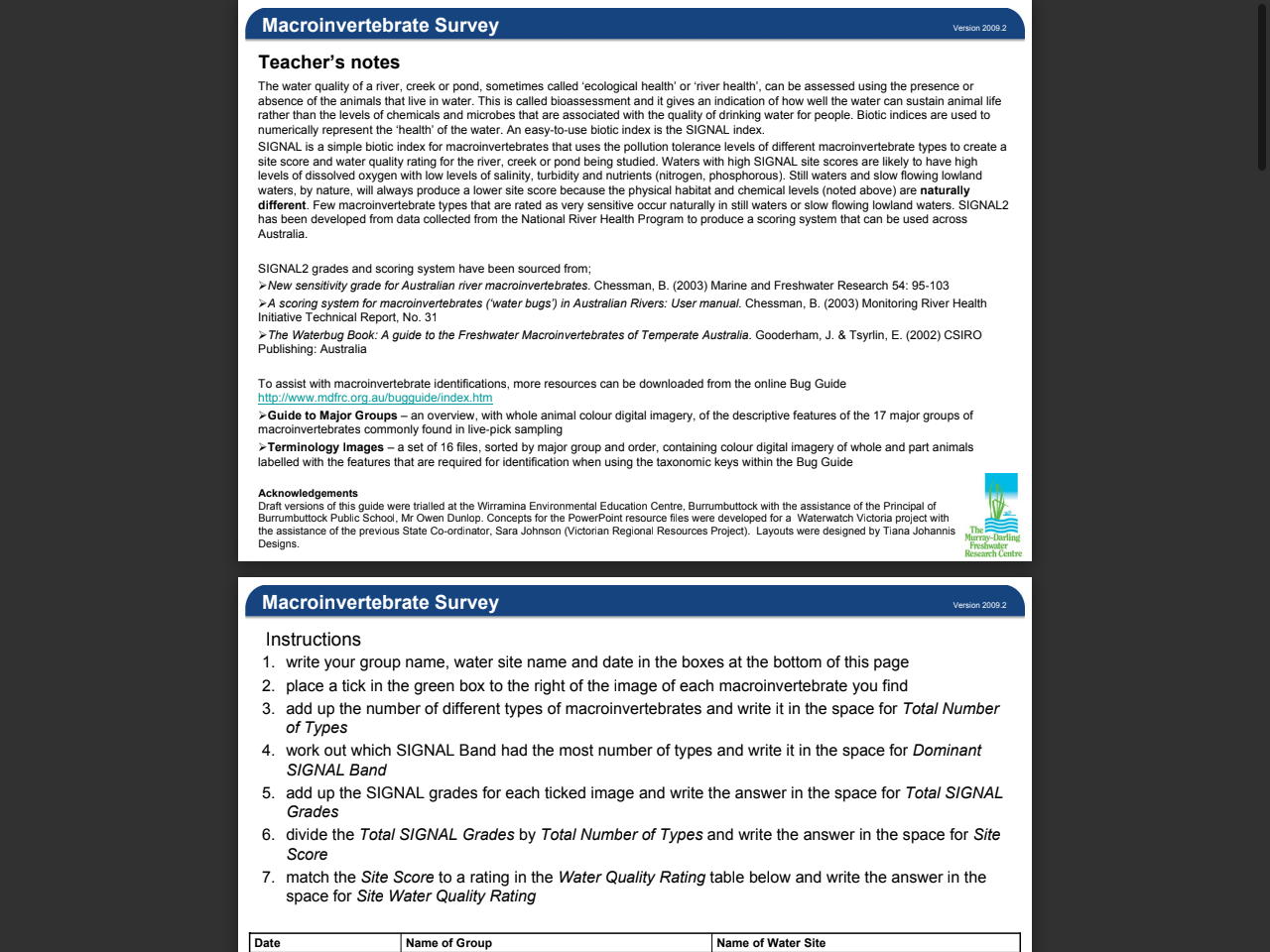 Preview of Macroinvertebrate Survey - Murray-Darling Freshwater Research Centre
