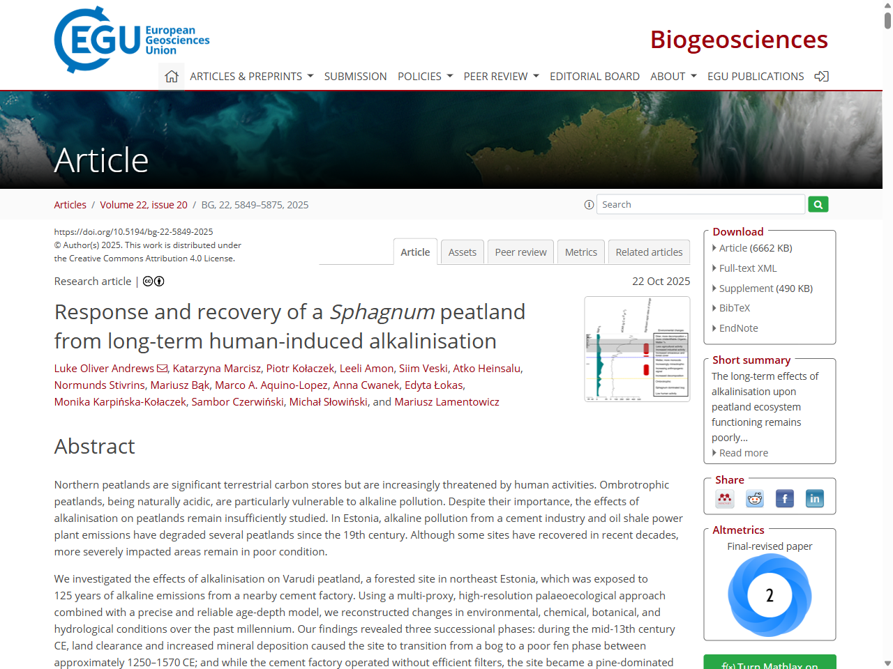 Preview of Biogeosciences. (2025). Alkalinisation significantly disrupts peatland functioning. 16