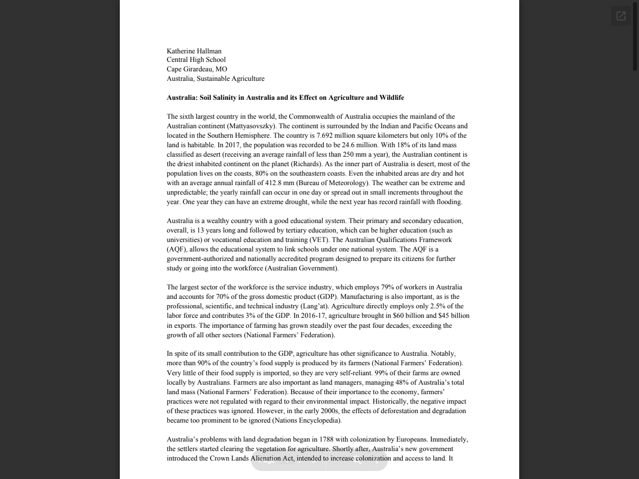 Preview of Katherine Hallman Central High School Cape Girardeau, MO Australia, Sustainable Agriculture Australia: Soil Salinity in Australi - The World Food Prize, accessed May 13, 2025, 