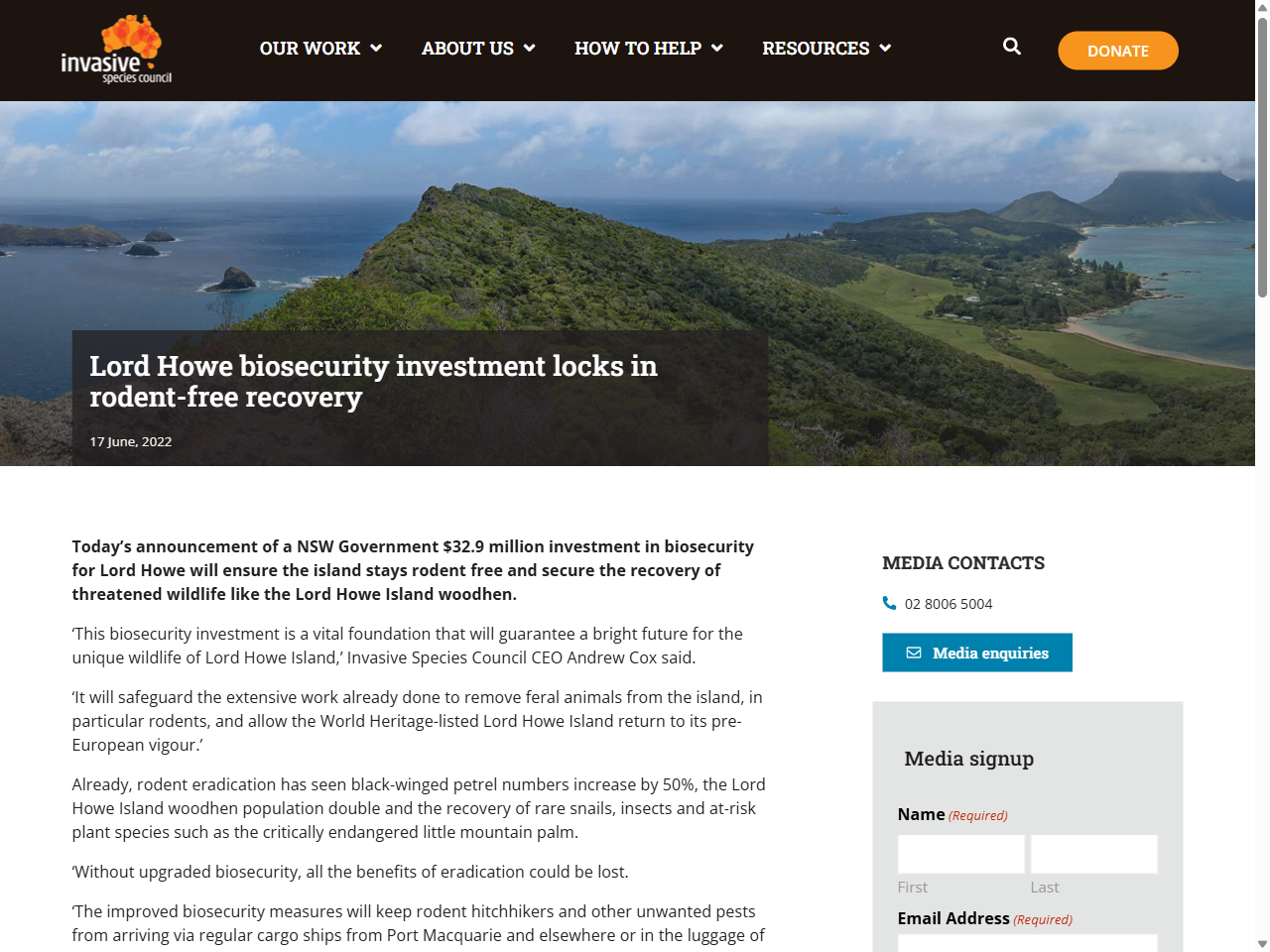 Preview of Lord Howe biosecurity investment locks in rodent-free recovery - Invasive Species Council
