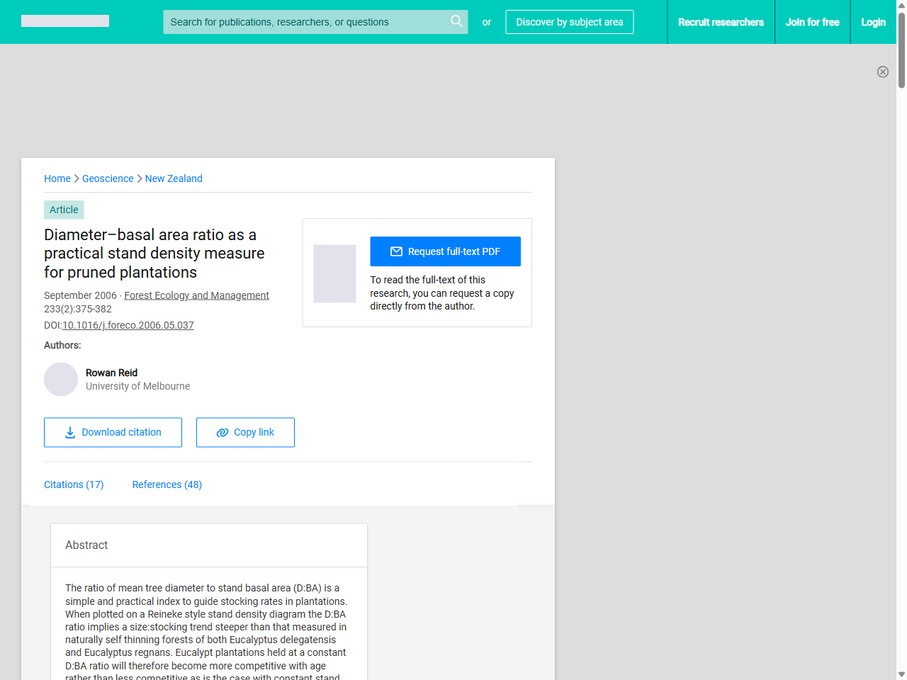Preview of Diameter–basal area ratio as a practical stand density measure for pruned plantations | Request PDF - ResearchGate, accessed July 27, 2025
