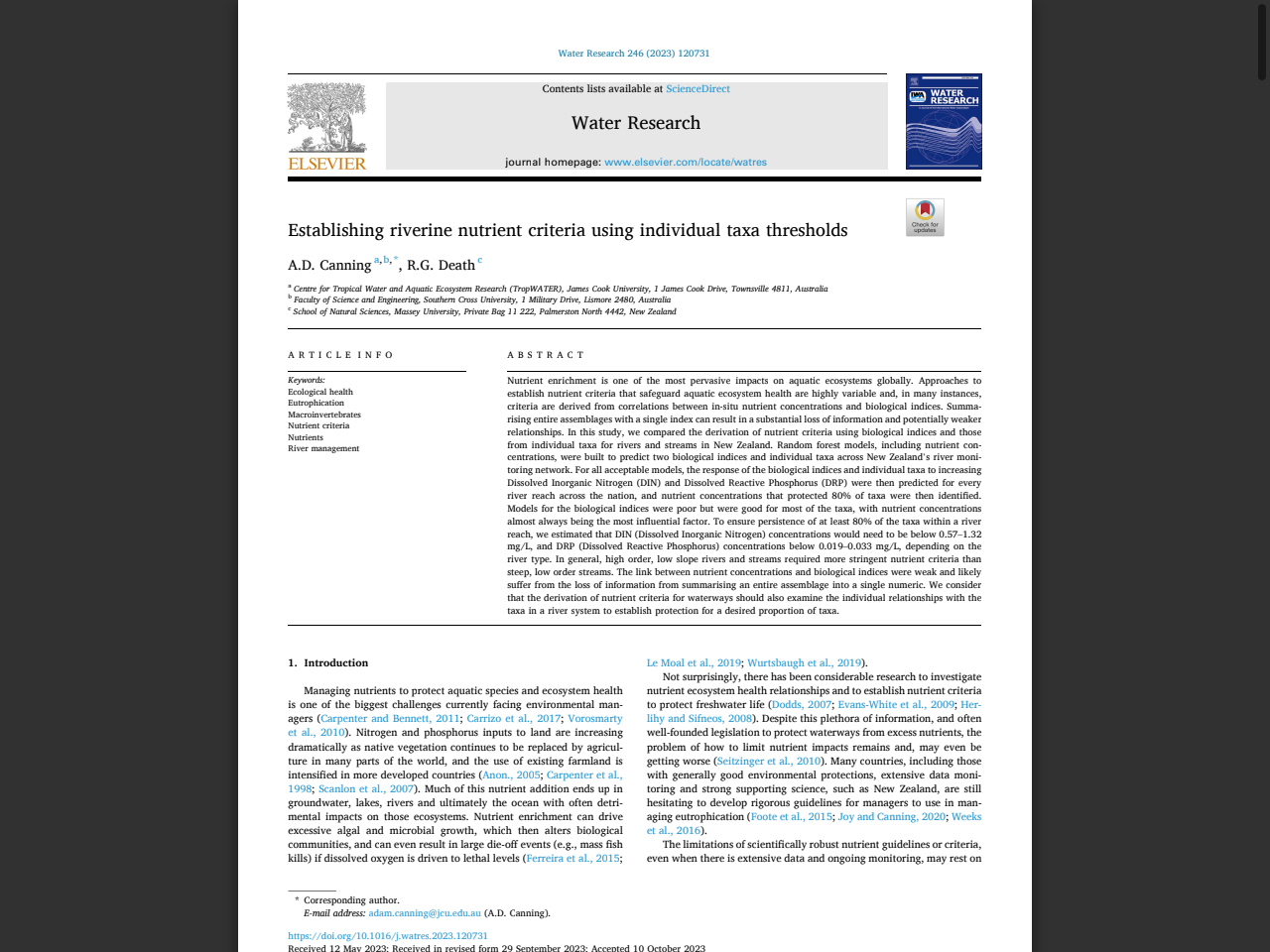 Preview of Establishing riverine nutrient criteria using individual taxa thresholds, accessed August 8, 2025