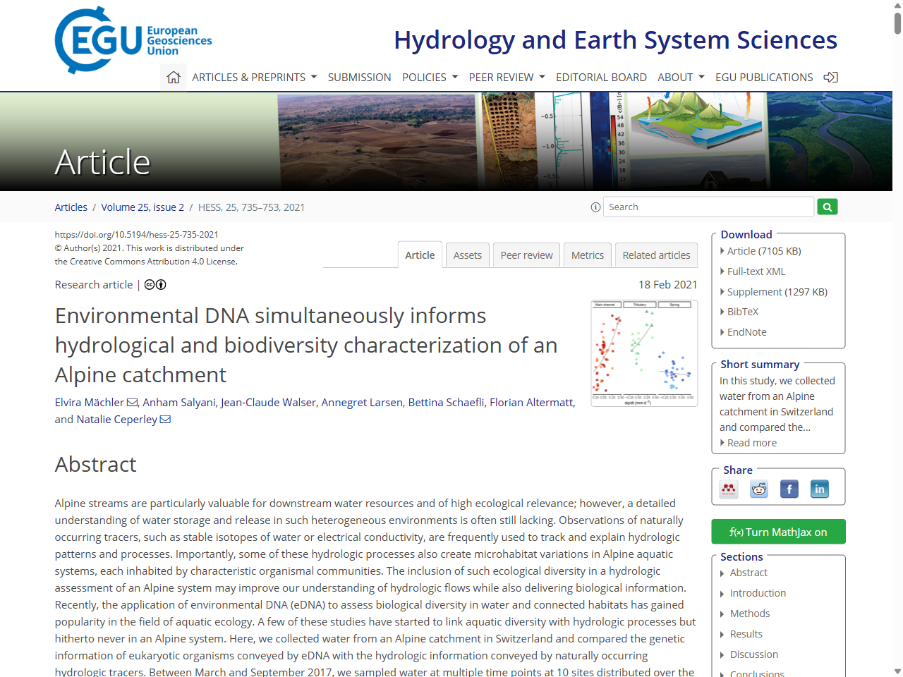 Preview of Environmental DNA simultaneously informs hydrological and biodiversity characterization of an Alpine catchment - HESS
