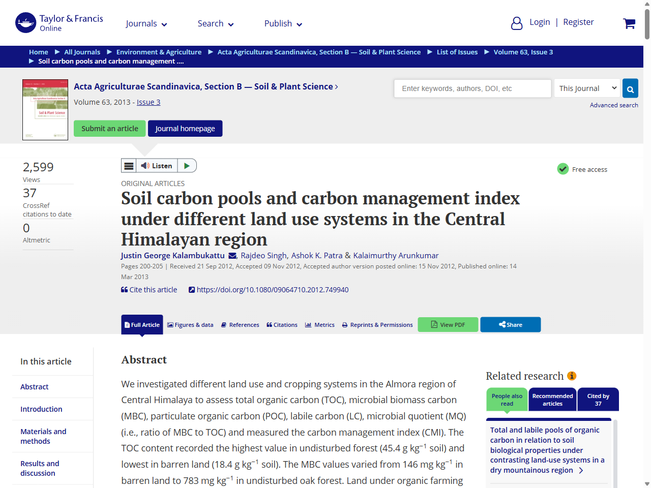 Preview of Author Unknown, 2012. Response of soil microbial biomass and activity to land use and management systems. Journal of Soil Use and Management / Taylor & Francis.
