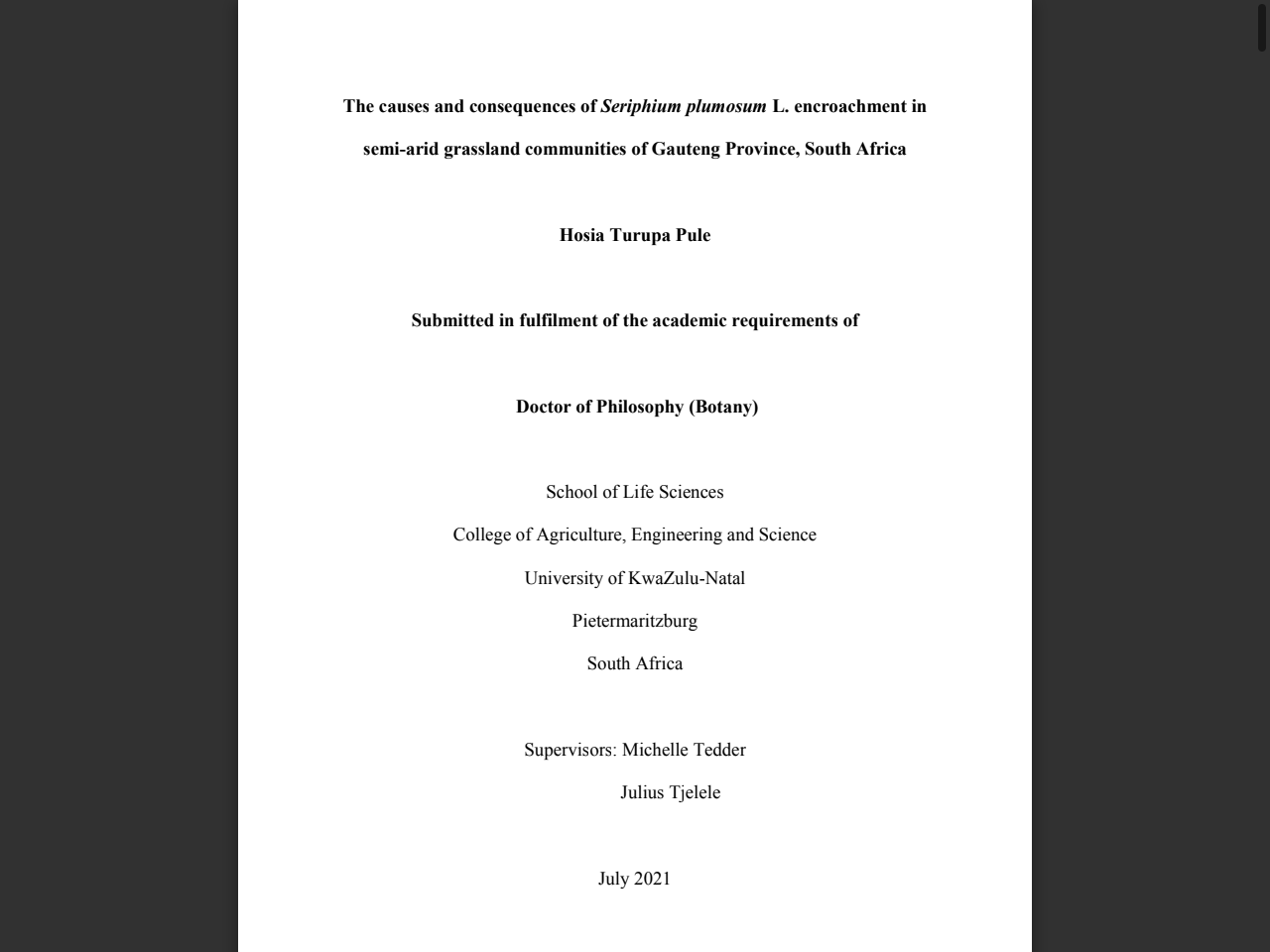 Preview of The causes and consequences of Seriphium plumosum L. encroachment in semi-arid grassland communities of Gauteng Province, South - ResearchSpace@UKZN