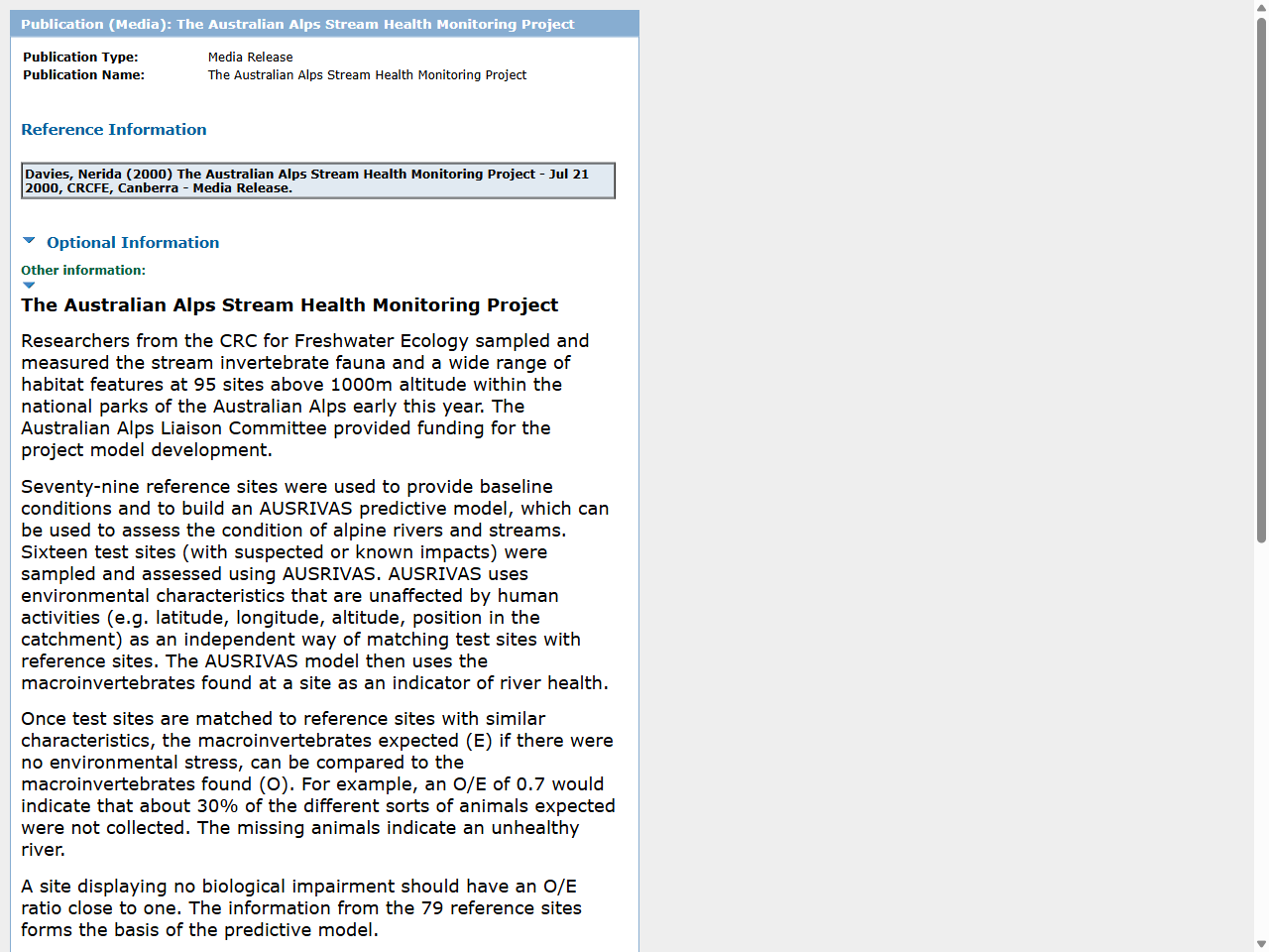 Preview of Publication (Media): The Australian Alps Stream Health Monitoring Project - eWater