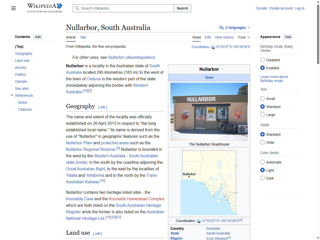 Preview of Nullarbor, South Australia - Wikipedia, accessed July 26, 2025