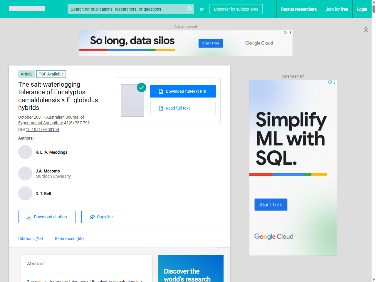 Preview of (PDF) The salt-waterlogging tolerance of Eucalyptus camaldulensis × E. globulus hybrids, accessed August 9, 2025