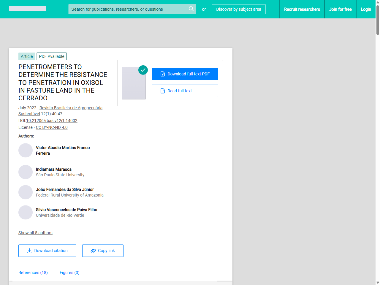 Preview of (PDF) PENETROMETERS TO DETERMINE THE RESISTANCE TO PENETRATION IN OXISOL IN PASTURE LAND IN THE CERRADO - ResearchGate, accessed July 24, 2025