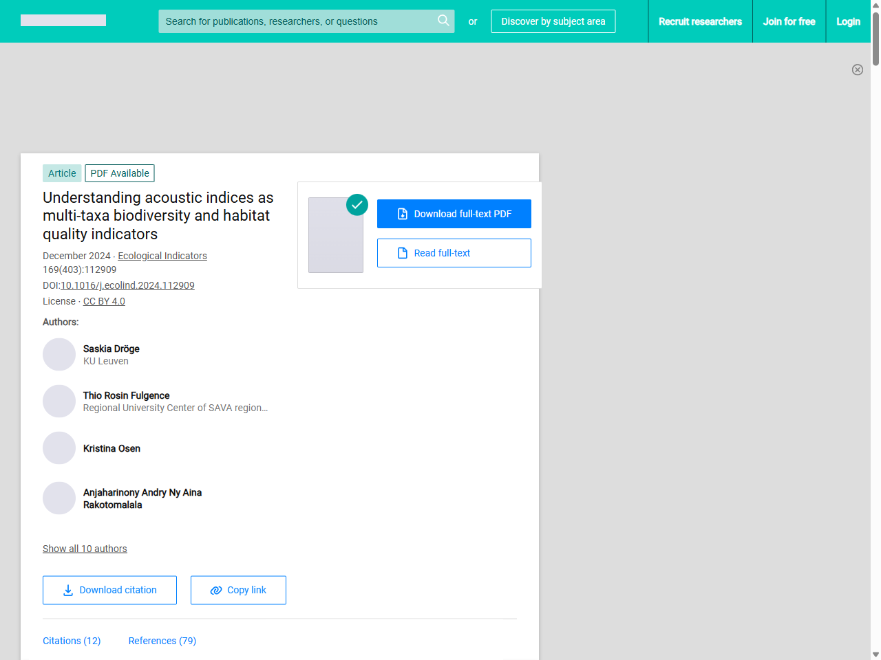 Preview of Acoustic indices for biodiversity assessments: Analyses of bias based on simulated bird assemblages and recommendations for field surveys | Request PDF - ResearchGate