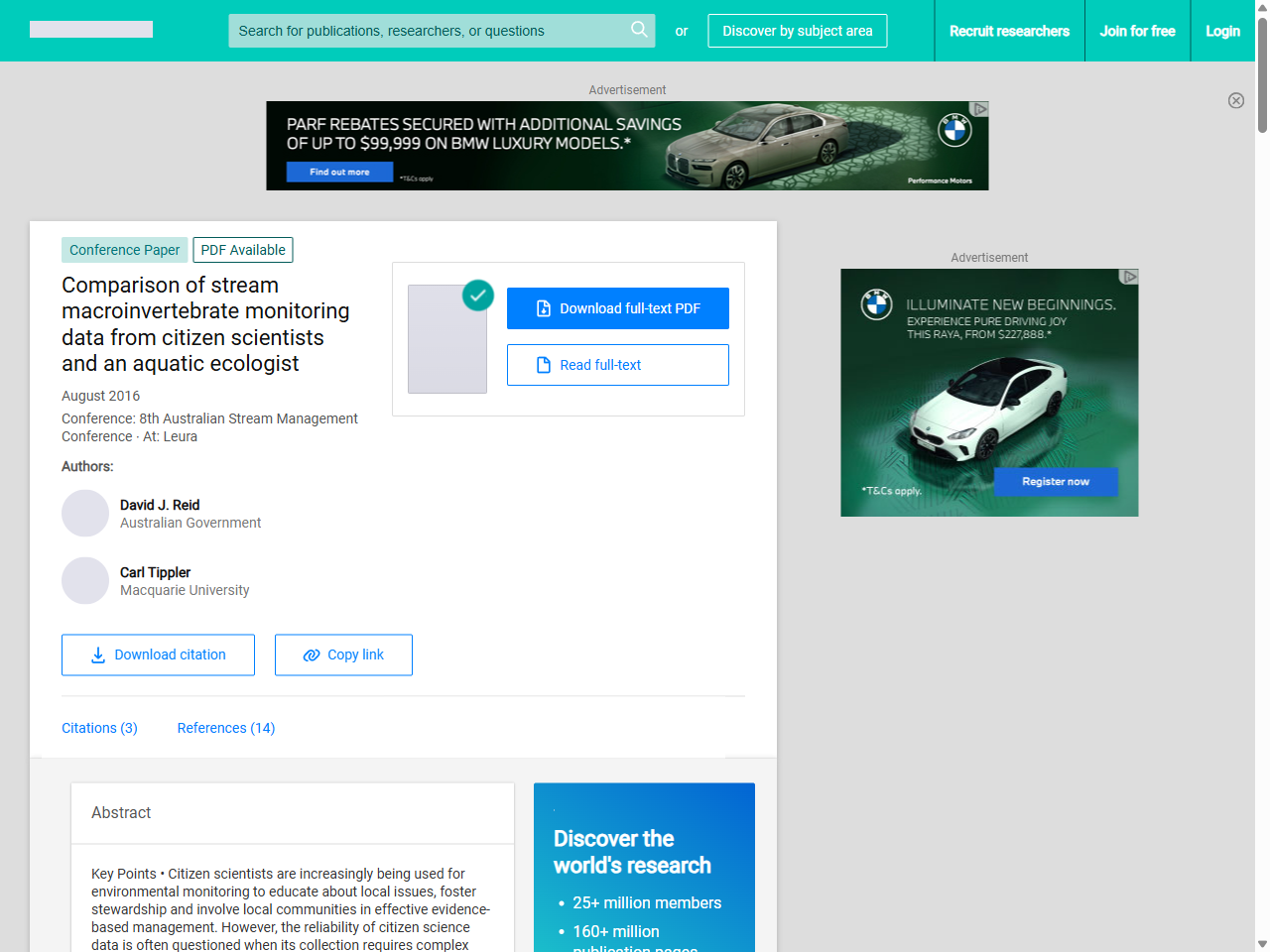 Preview of (PDF) Comparison of stream macroinvertebrate monitoring data from citizen scientists and an aquatic ecologist - ResearchGate