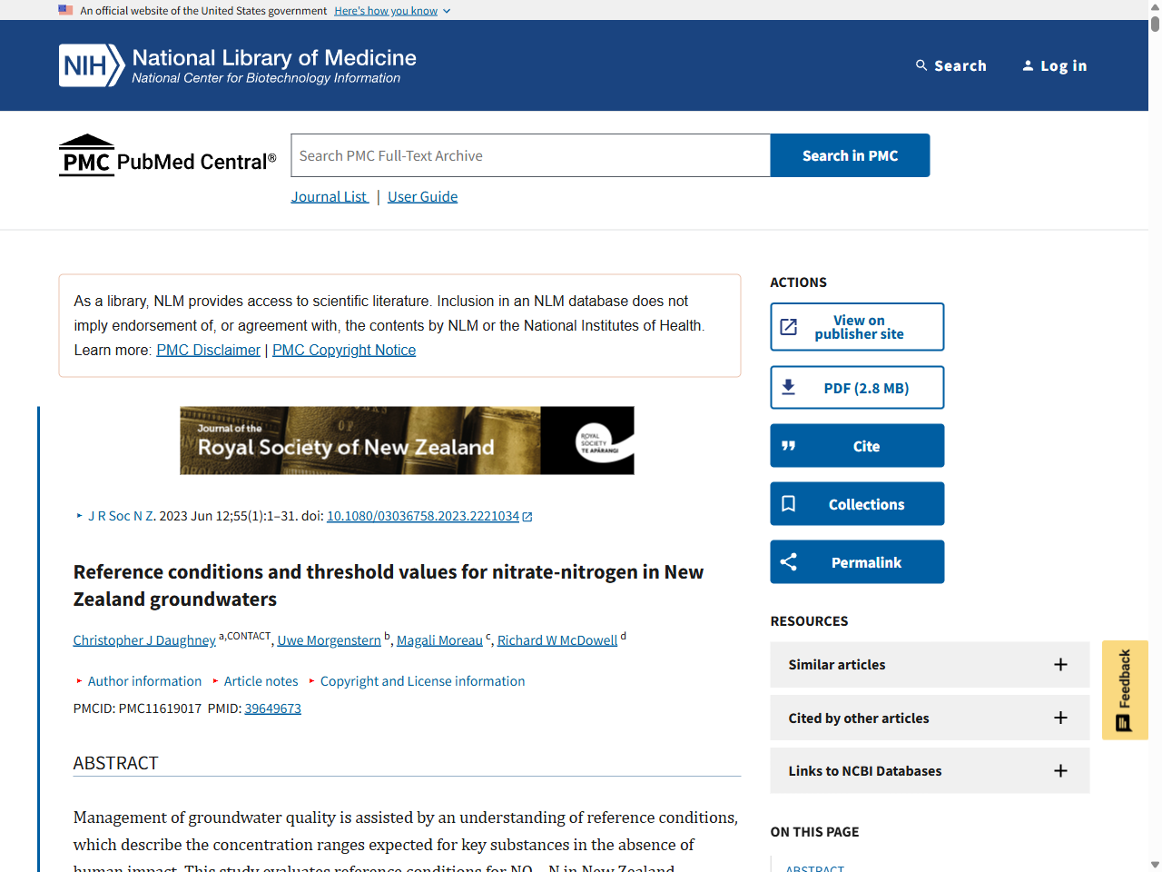Preview of Reference conditions and threshold values for nitrate-nitrogen in New Zealand groundwaters - PMC - PubMed Central, accessed July 26, 2025,