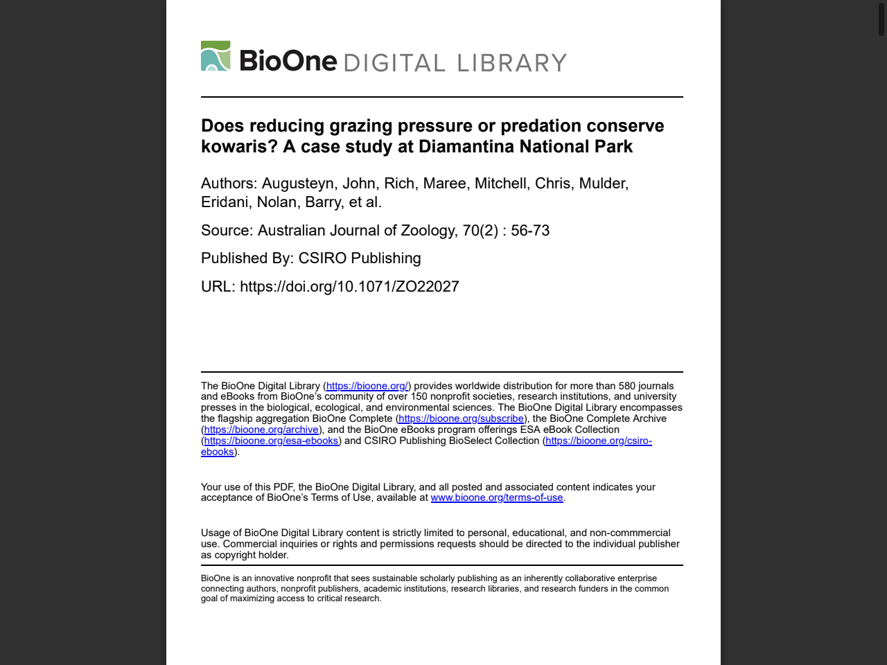 Preview of Does reducing grazing pressure or predation conserve kowaris? A case study at Diamantina National Park - BioOne Complete