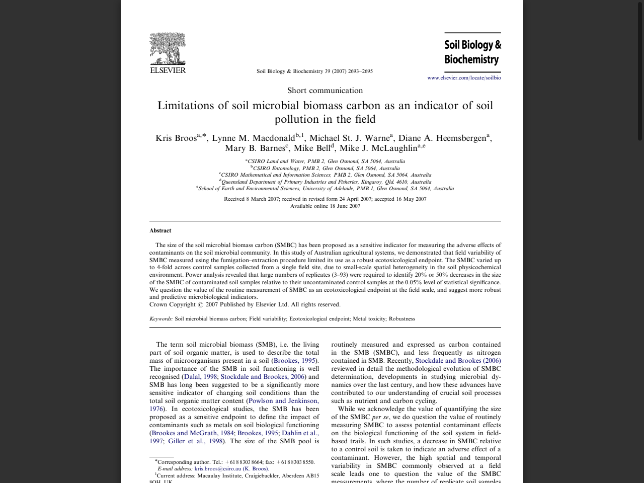 Preview of Limitations of soil microbial biomass carbon as an indicator of soil pollution in the field