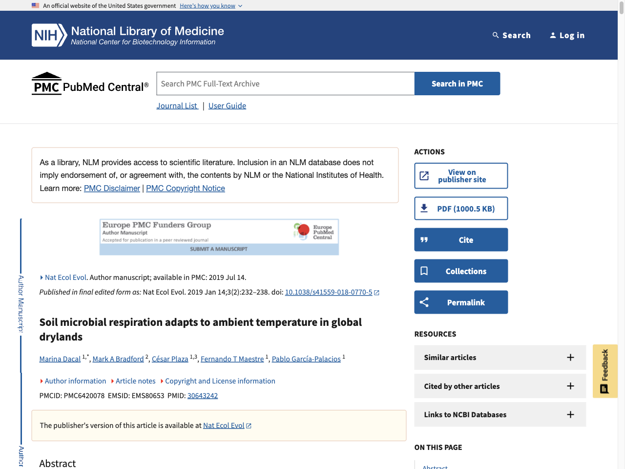 Preview of Soil microbial respiration adapts to ambient temperature in global drylands - PMC, accessed August 5, 2025,