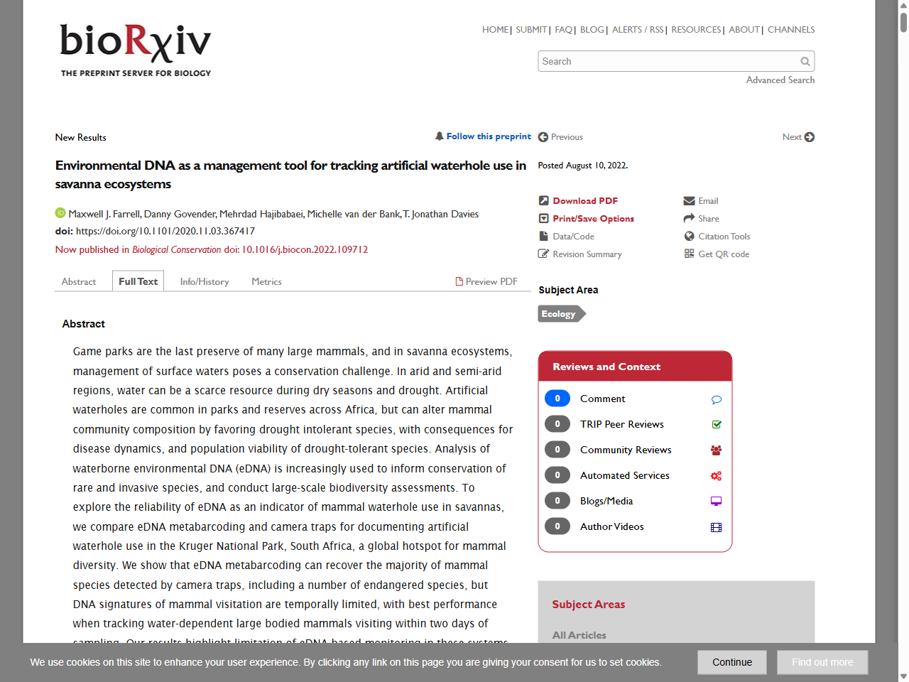 Preview of Environmental DNA as a management tool for tracking artificial waterhole use in savanna ecosystems | bioRxiv, accessed July 29, 2025, 