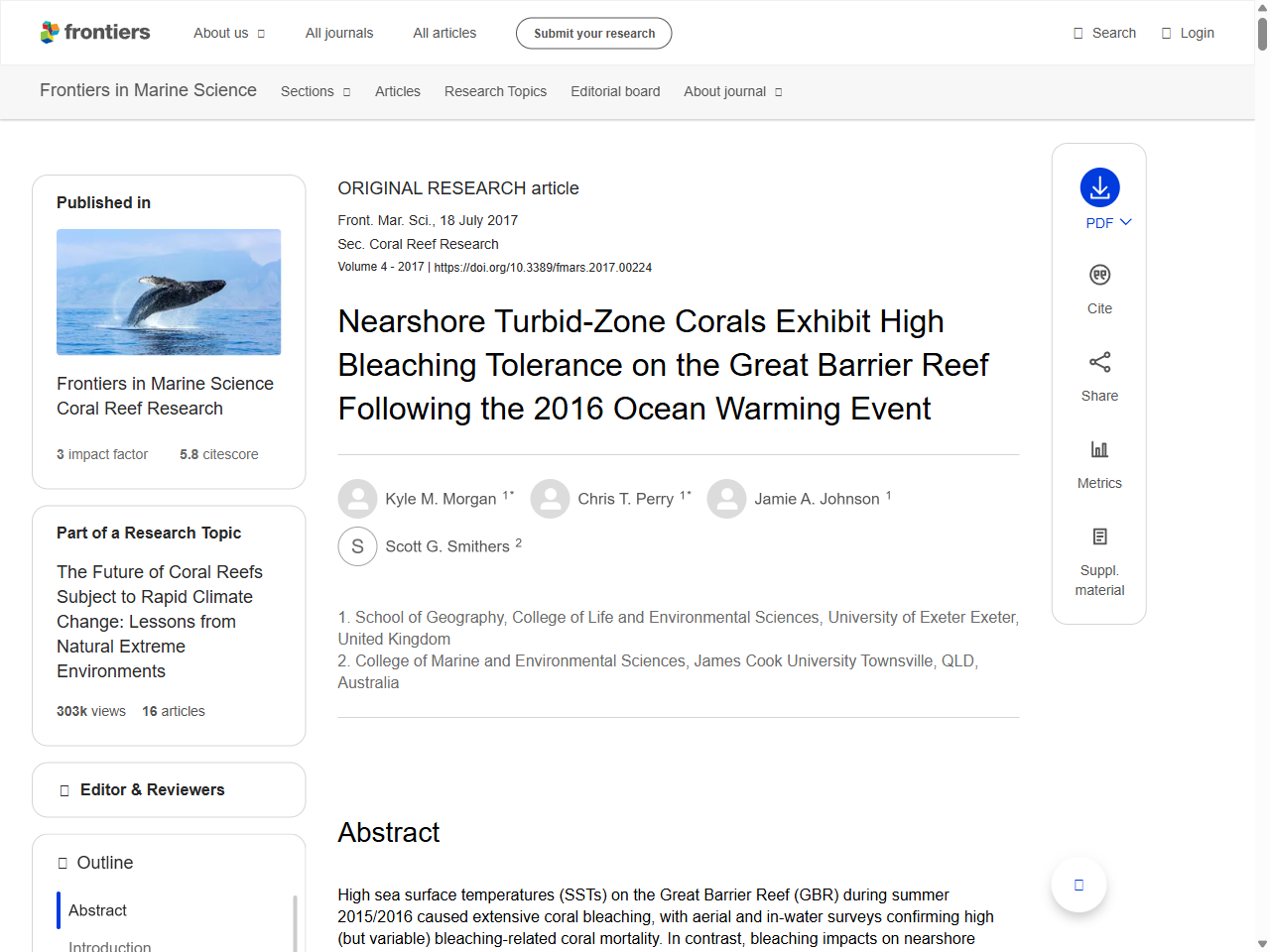 Preview of Nearshore Turbid-Zone Corals Exhibit High Bleaching Tolerance on the Great Barrier Reef Following the 2016 Ocean Warming Event - Frontiers, accessed August 1, 2025,