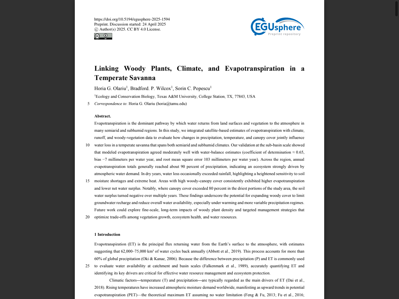 Preview of Linking Woody Plants, Climate, and Evapotranspiration in a Temperate Savanna - EGUsphere, accessed May 17, 2025,