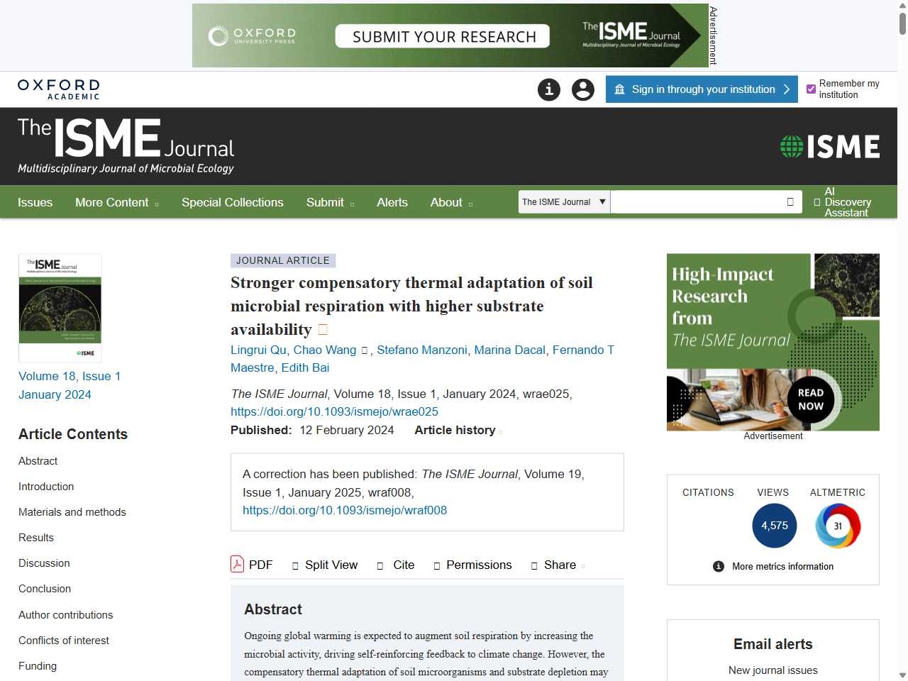 Preview of Stronger compensatory thermal adaptation of soil microbial respiration with higher substrate availability | The ISME Journal | Oxford Academic