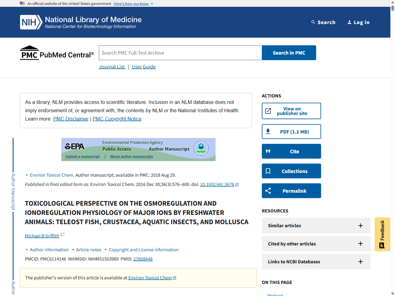 Preview of TOXICOLOGICAL PERSPECTIVE ON THE OSMOREGULATION AND IONOREGULATION PHYSIOLOGY OF MAJOR IONS BY FRESHWATER ANIMALS: TELEOST FISH, CRUSTACEA, AQUATIC INSECTS, AND MOLLUSCA - PubMed Central, accessed August 10, 2025