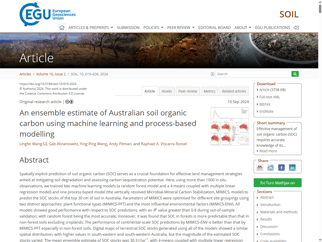 Preview of An ensemble estimate of Australian soil organic carbon using machine learning and process-based modelling, accessed July 26, 2025