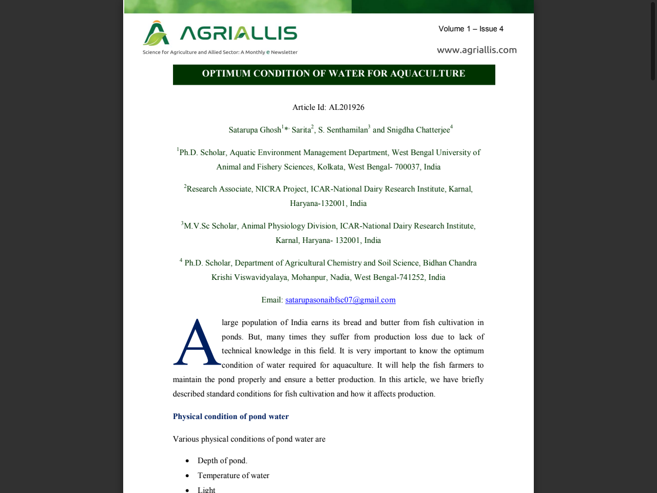 Preview of OPTIMUM CONDITION OF WATER FOR AQUACULTURE | Agriallis, accessed July 21, 2025,