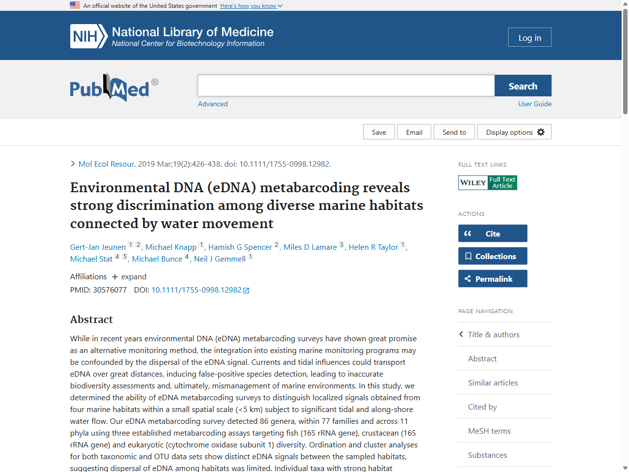 Preview of Environmental DNA (eDNA) metabarcoding reveals strong discrimination among diverse marine habitats connected by water movement - PubMed