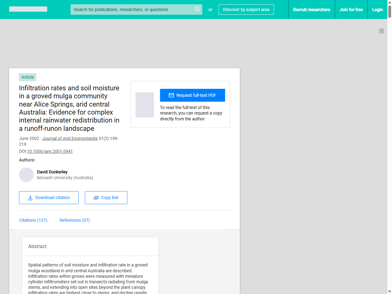 Preview of Infiltration rates and soil moisture in a groved mulga community near Alice Springs, arid central Australia: Evidence for complex internal rainwater redistribution in a runoff-runon landscape | Request PDF - ResearchGate