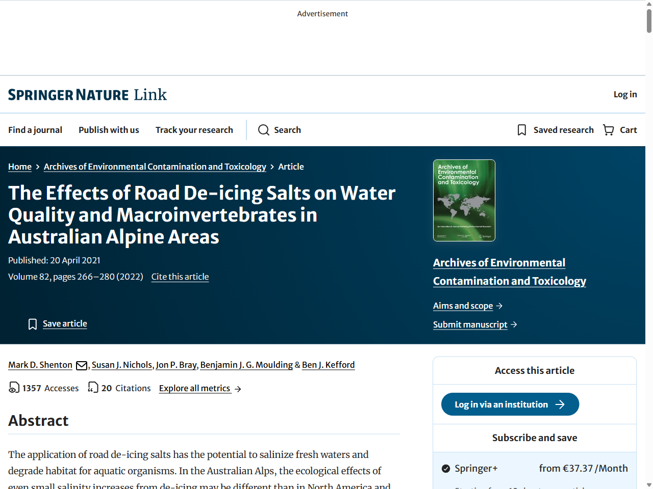 Preview of Shenton, M. D., Nichols, S. J., Bray, J. P., Moulding, B. J. G., & Kefford, B. J. (2022). The Effects of Road De-icing Salts on Water Quality and Macroinvertebrates in Australian Alpine Areas.