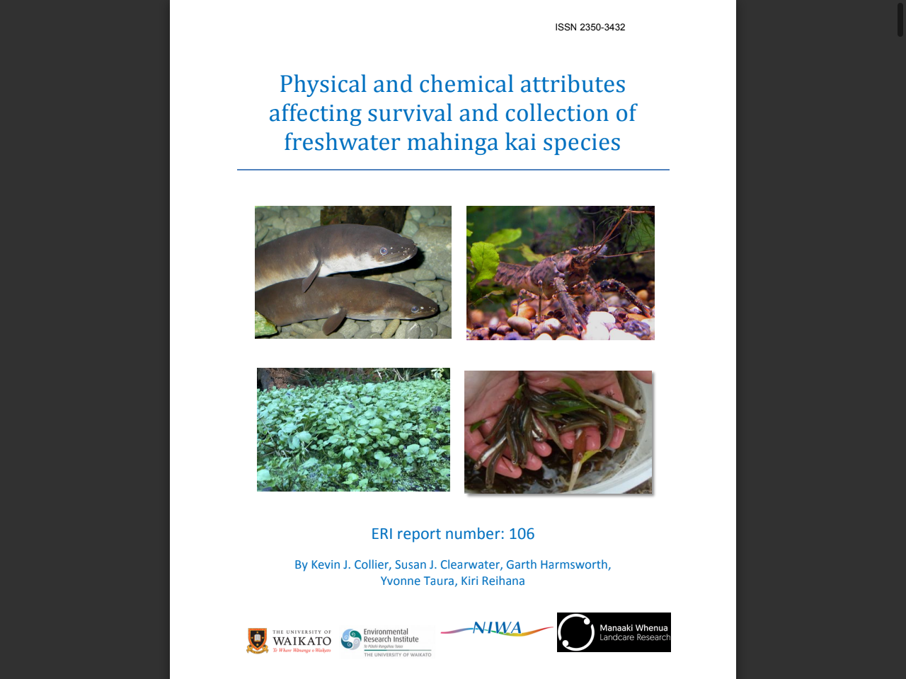Preview of A guide to attributes for the National Objectives Framework. Mahinga kai ERI-106