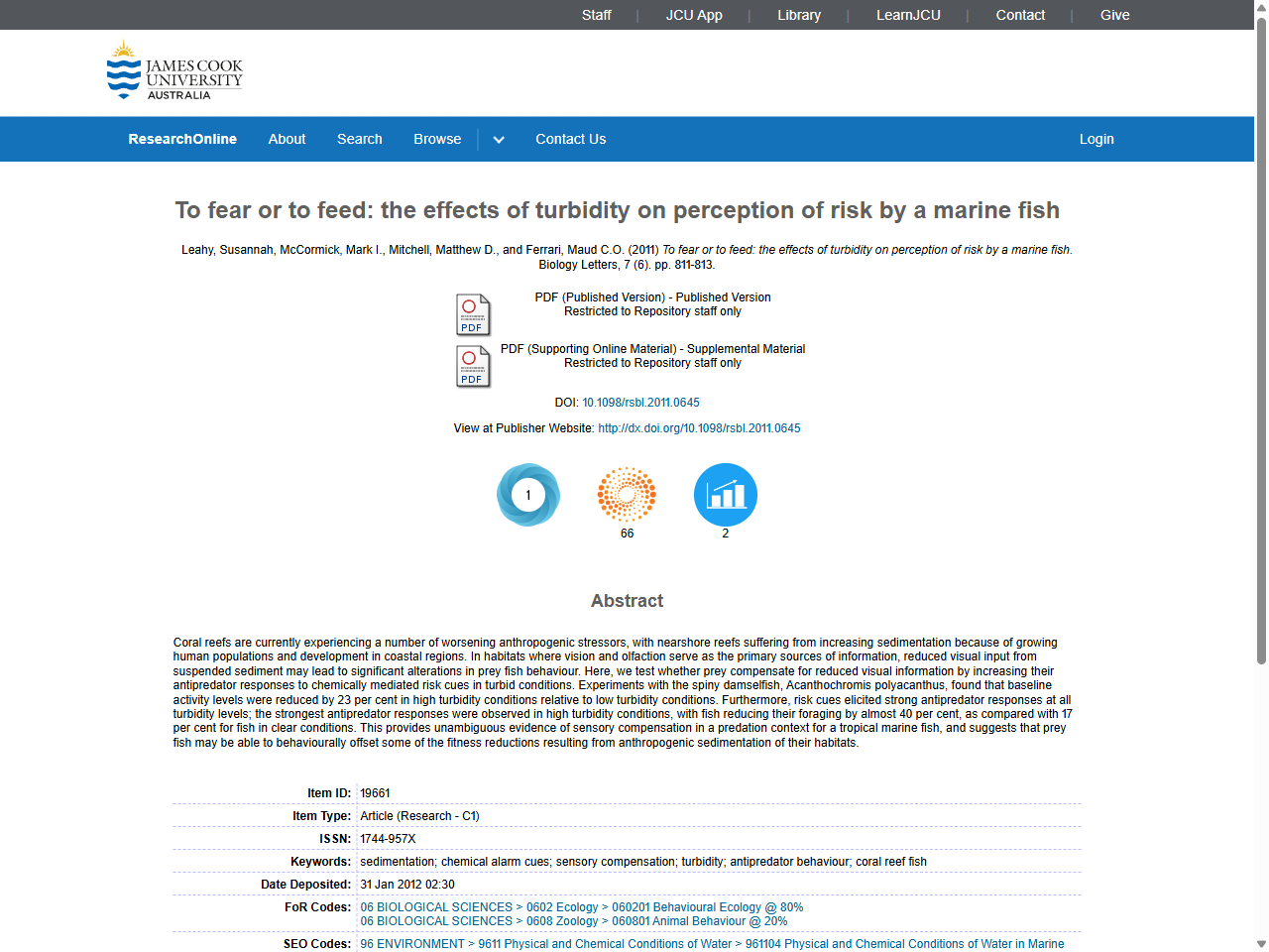 Preview of To fear or to feed: the effects of turbidity on perception of risk by a marine fish - ResearchOnline@JCU, accessed July 24, 2025