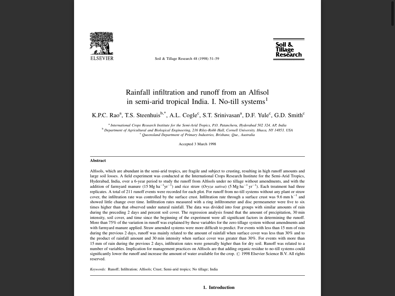 Preview of Rainfall infiltration and runoff from an Alfisol in semi-arid tropical India. I. No-till systems1