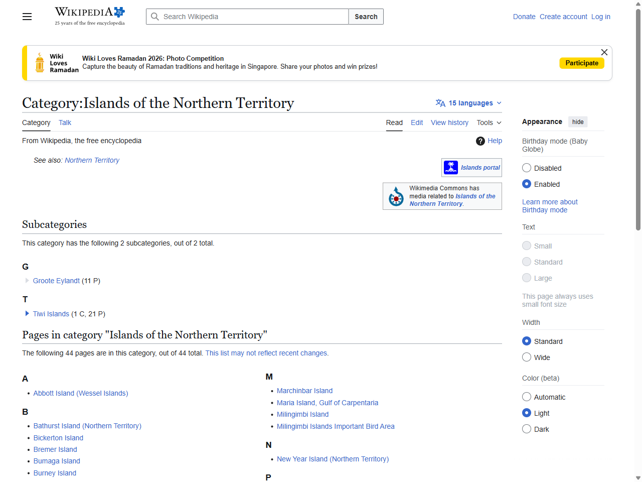 Preview of Category:Islands of the Northern Territory - Wikipedia, accessed July 30, 2025, 