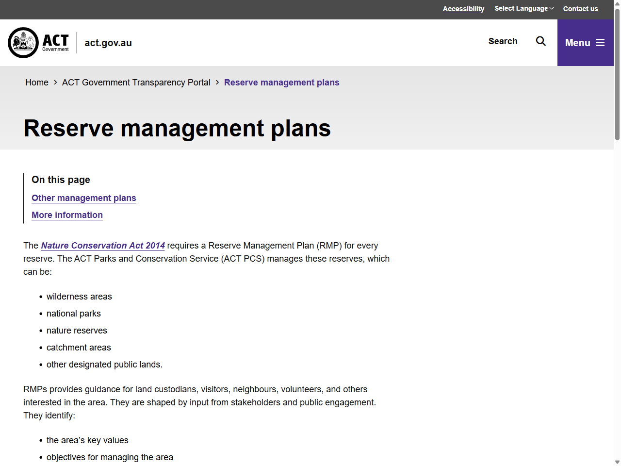 Preview of Reserve management plans - Open Government Information, accessed on June 5, 2025
