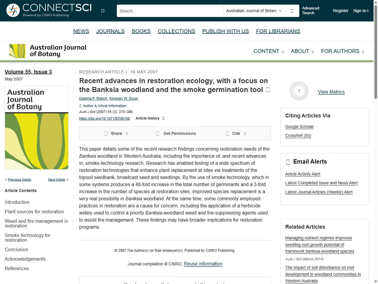 Preview of Recent advances in restoration ecology, with a focus on the Banksia woodland and the smoke germination tool - CSIRO PUBLISHING | Australian Journal of Botany, accessed May 15, 2025