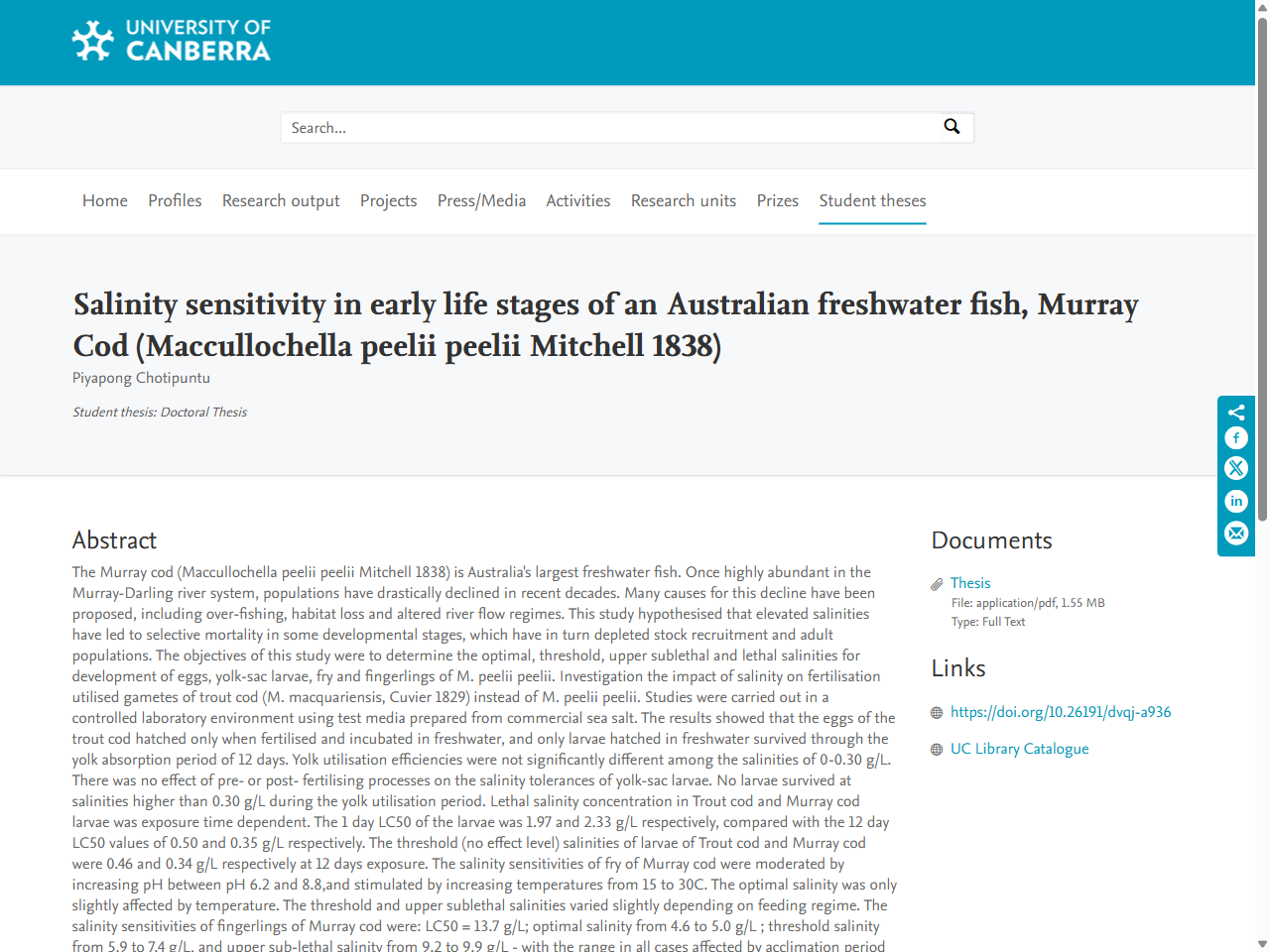 Preview of Salinity sensitivity in early life stages of an Australian freshwater fish, Murray Cod (Maccullochella peelii peelii Mitchell 1838) - University of Canberra Research Portal, accessed August 11, 2025,