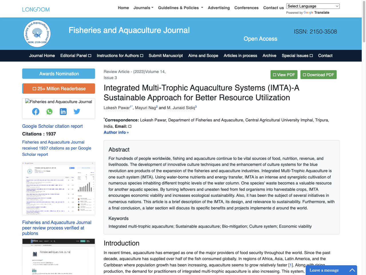Preview of Integrated Multi-Trophic Aquaculture (IMTA)-A Sustainable Approach for Better Resource Utilization - Longdom Publishing, accessed August 1, 2025