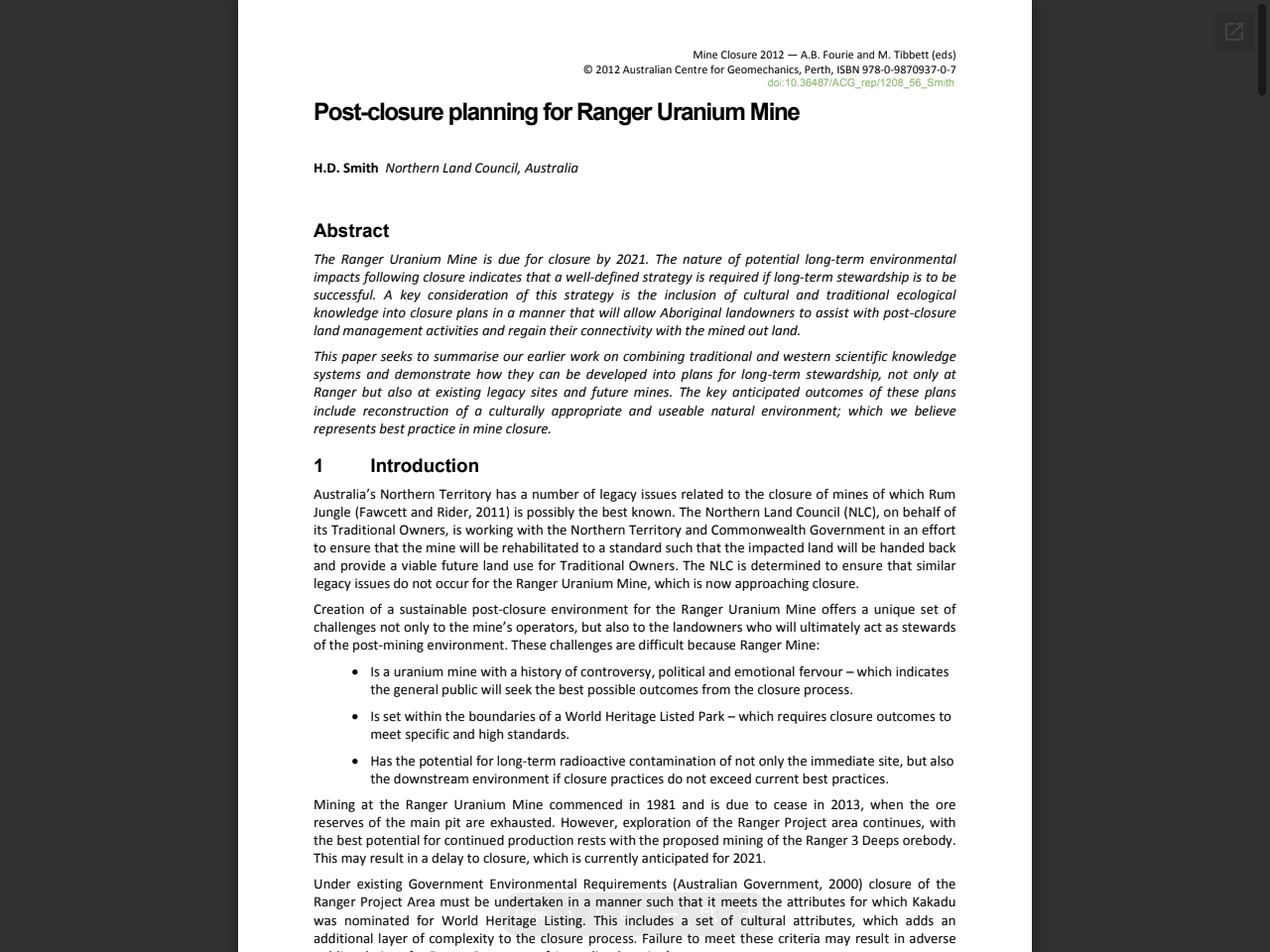 Preview of Multiple frameworks informing closure criteria at Ranger Mine - Australian Centre for Geomechanics
