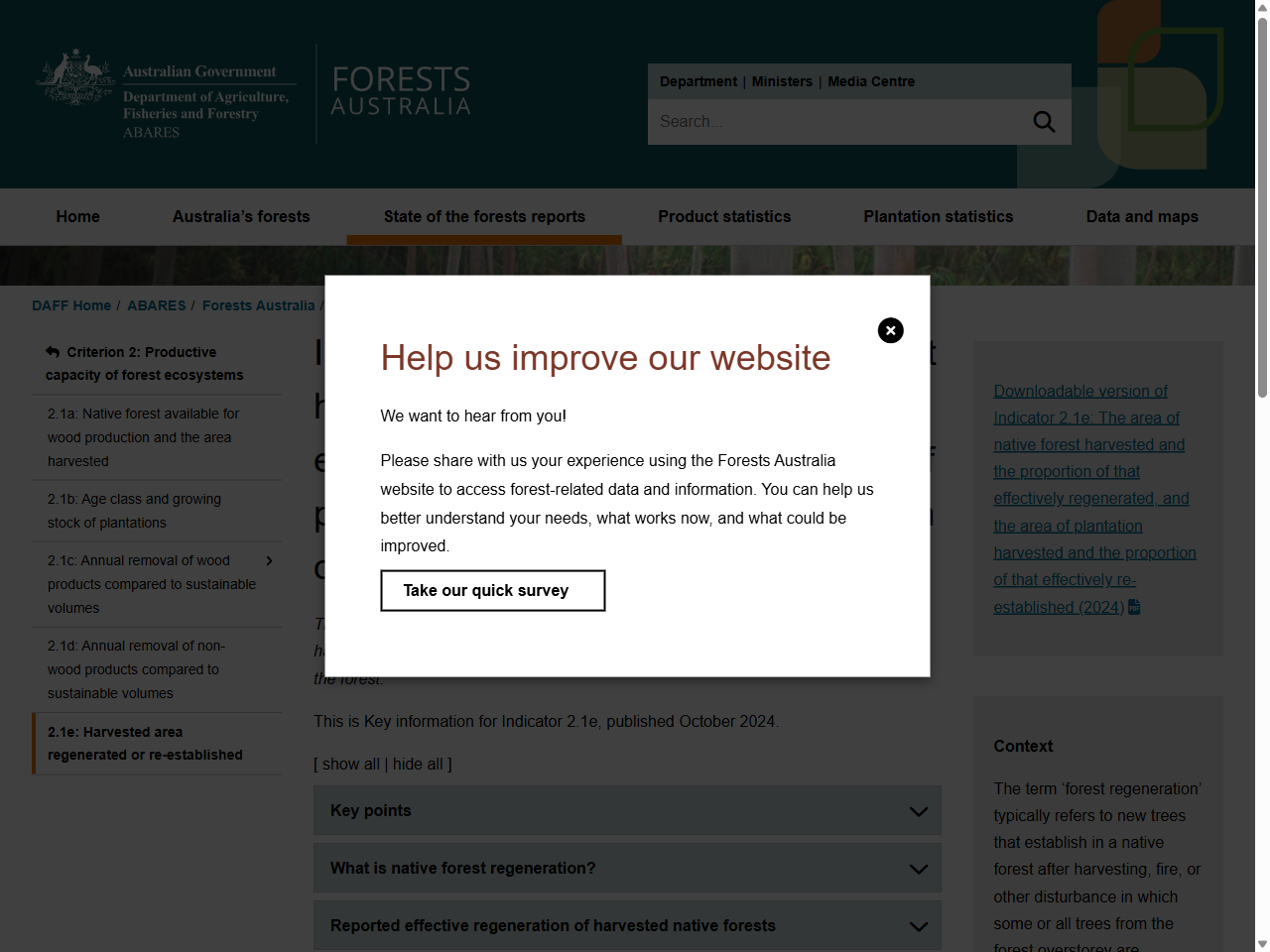 Preview of Indicator 2.1e: The area of native forest harvested and the proportion of that effectively regenerated, and the area of plantation harvested and the proportion of that effectively re-established (2024) - DAFF, accessed April 1, 2026,