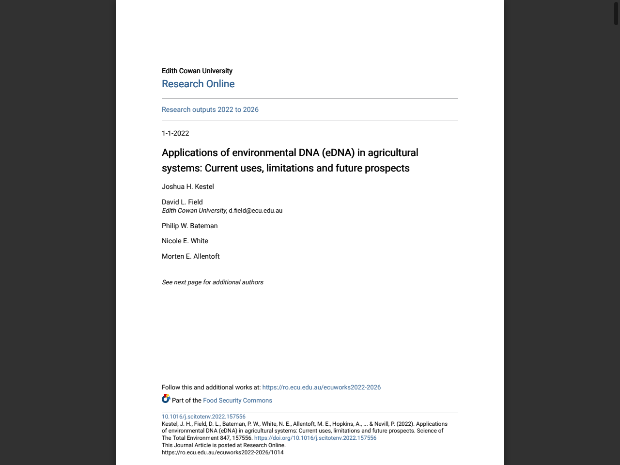 Preview of Applications of environmental DNA (eDNA) in agricultural systems: Current uses, limitations and future prospects, accessed July 20, 2025, 
