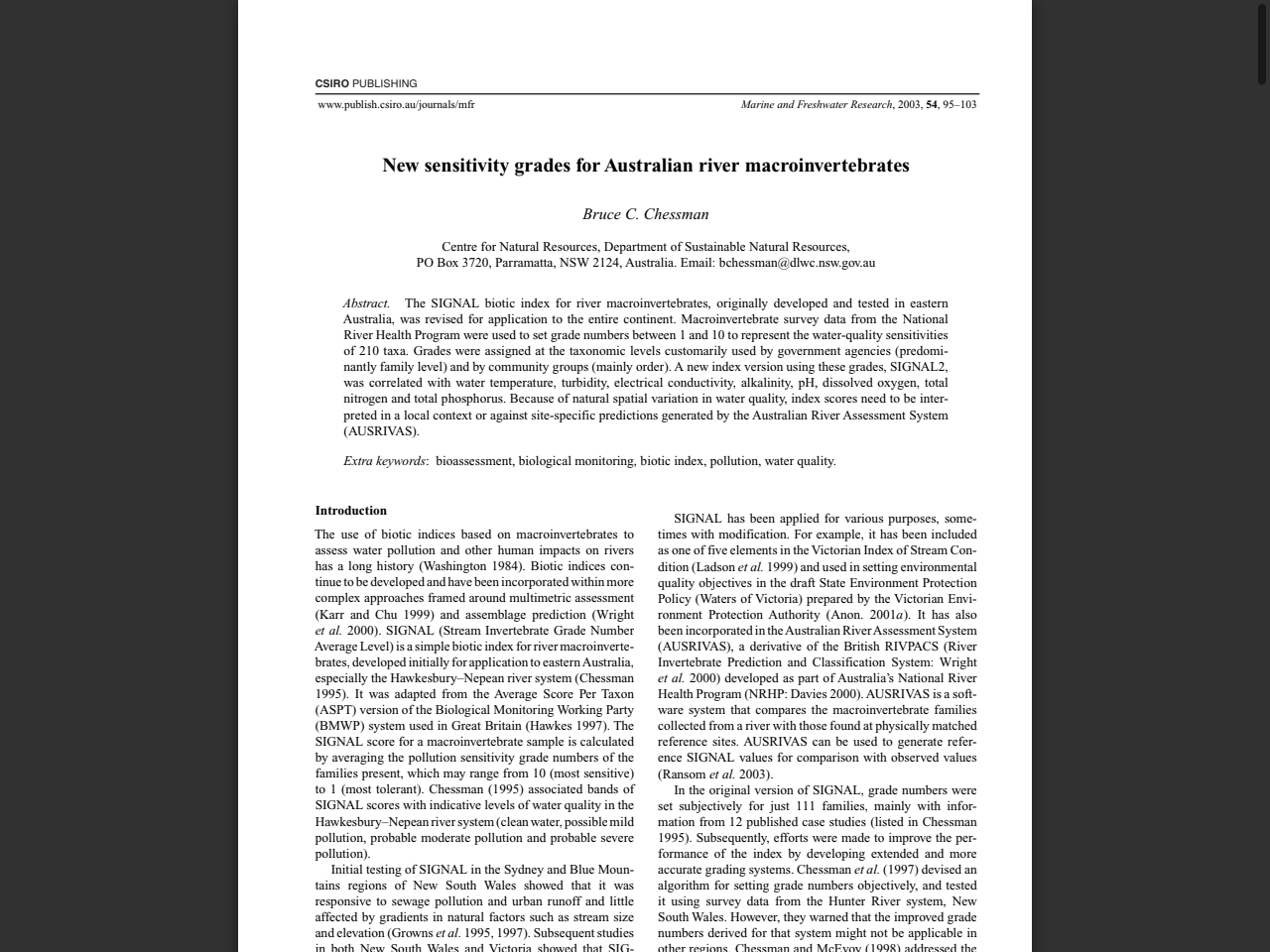 Preview of New sensitivity grades for Australian river macroinvertebrates - Murray-Darling Freshwater Research Centre
