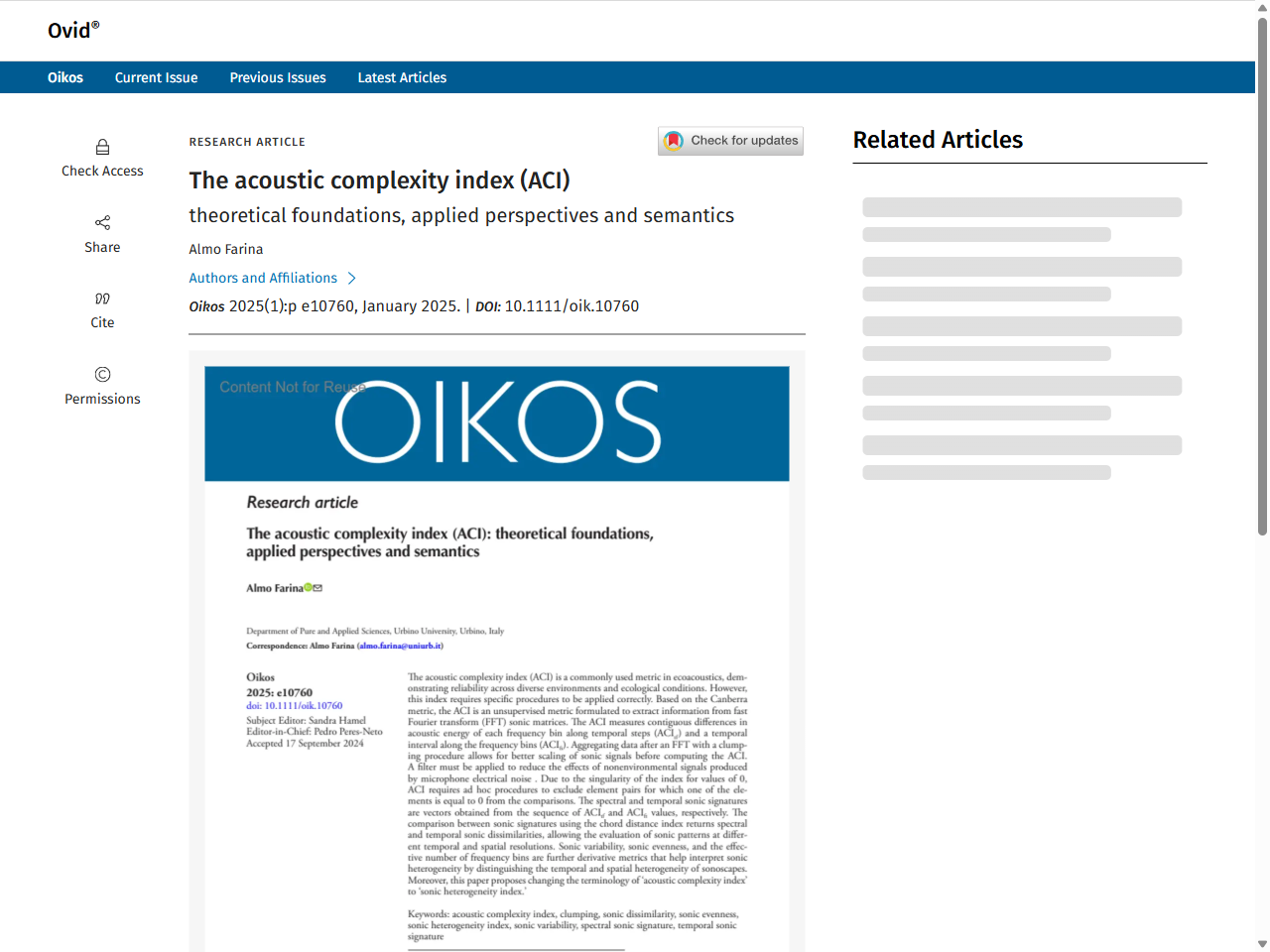 Preview of The acoustic complexity index (ACI): theoretical foundations, applied perspectives and semantics - Ovid, accessed August 28, 2025