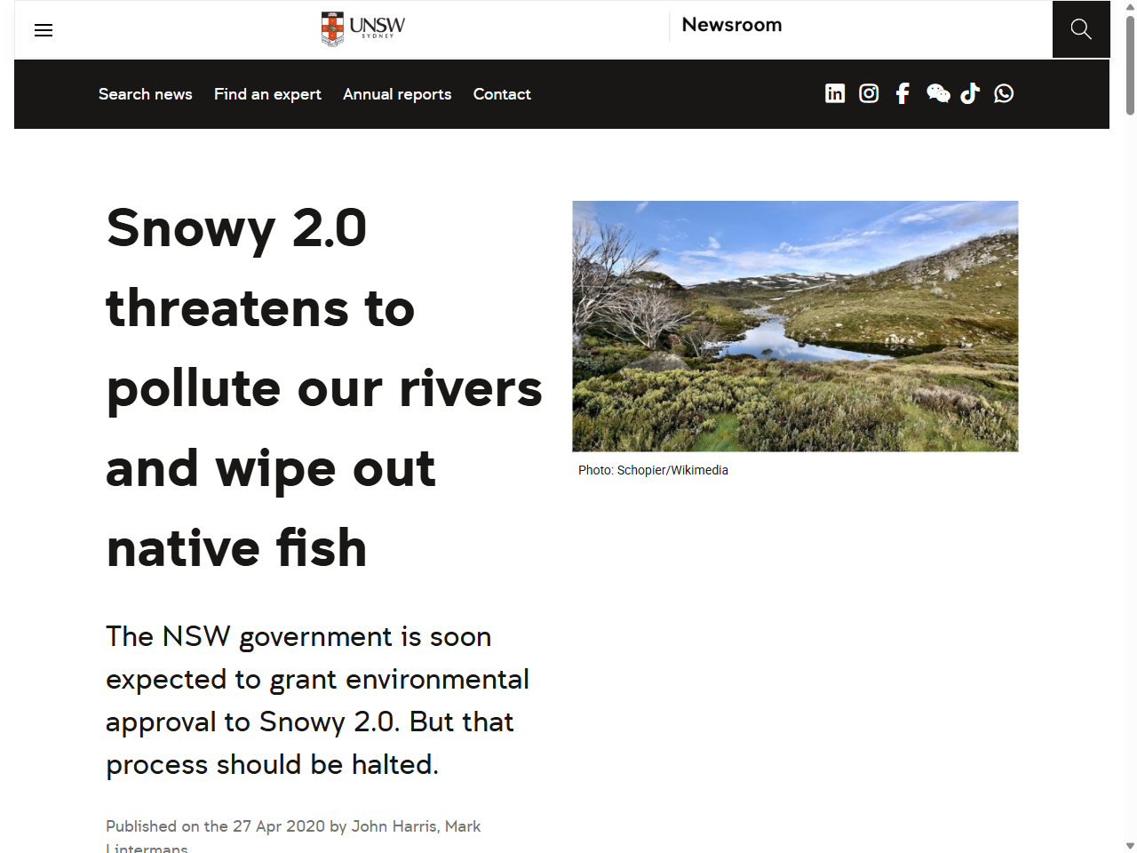Preview of Snowy 2.0 threatens to pollute our rivers and wipe out native fish - UNSW Sydney