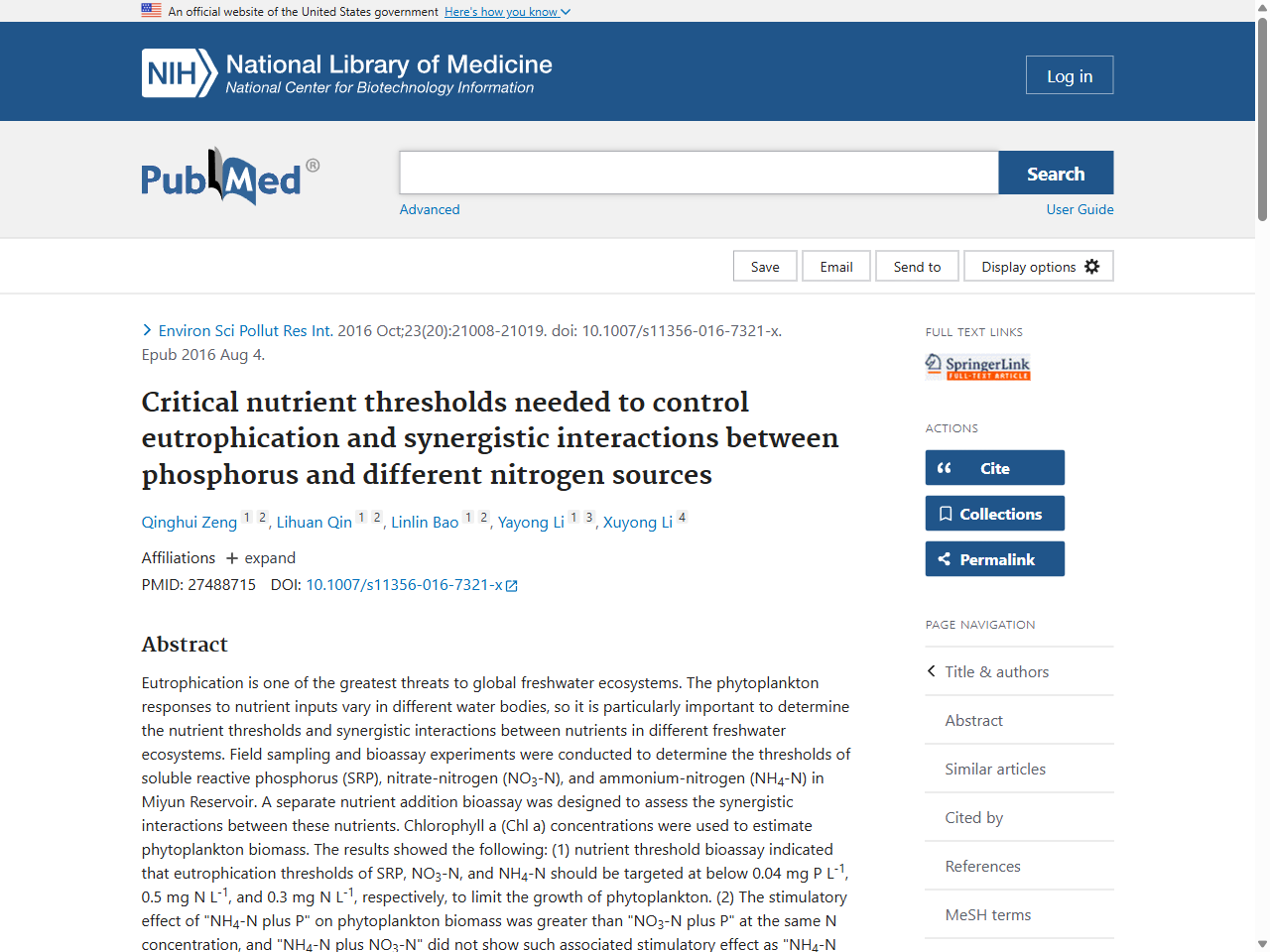 Preview of Critical nutrient thresholds needed to control eutrophication and synergistic interactions between phosphorus and different nitrogen sources - PubMed, accessed August 8, 2025
