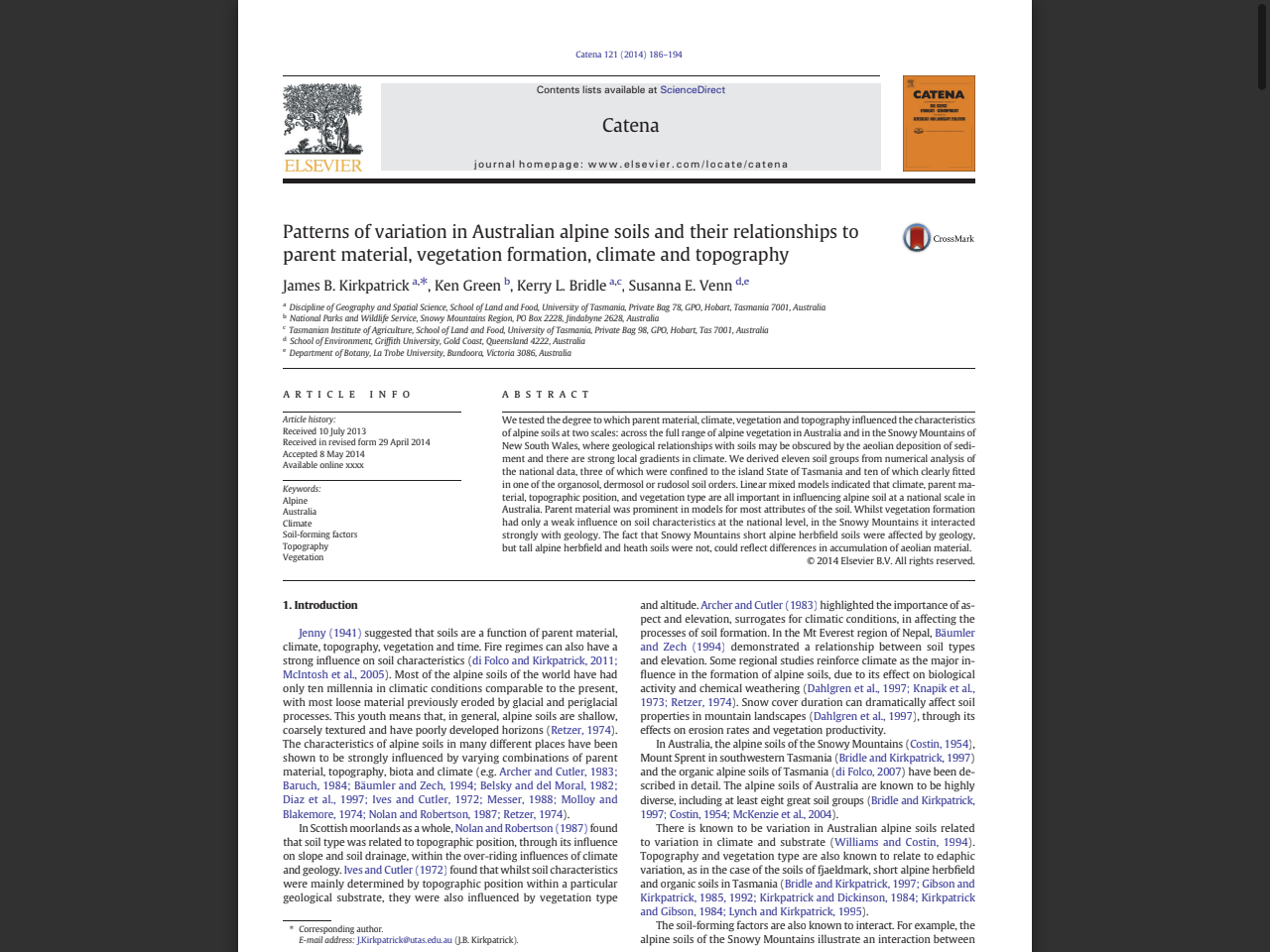 Preview of Patterns of variation in Australian alpine soils and their relationships to parent material, vegetation formation, climate and t