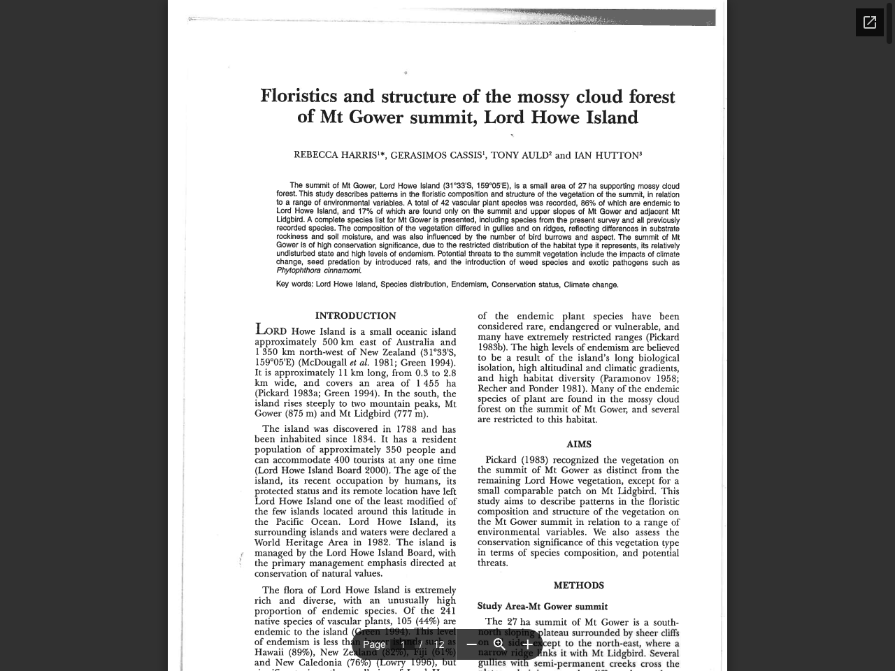 Preview of Floristics and structure of the mossy cloud forest of Mt Gower summit, Lord Howe Island