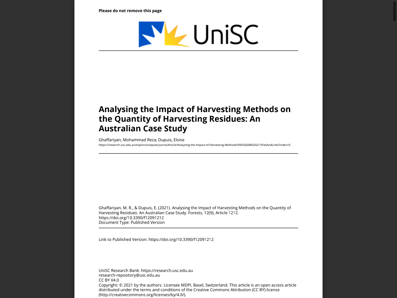 Preview of Analysing the Impact of Harvesting Methods on the Quantity of Harvesting Residues: An Australian Case Study - USC Research Bank, accessed May 15, 2025