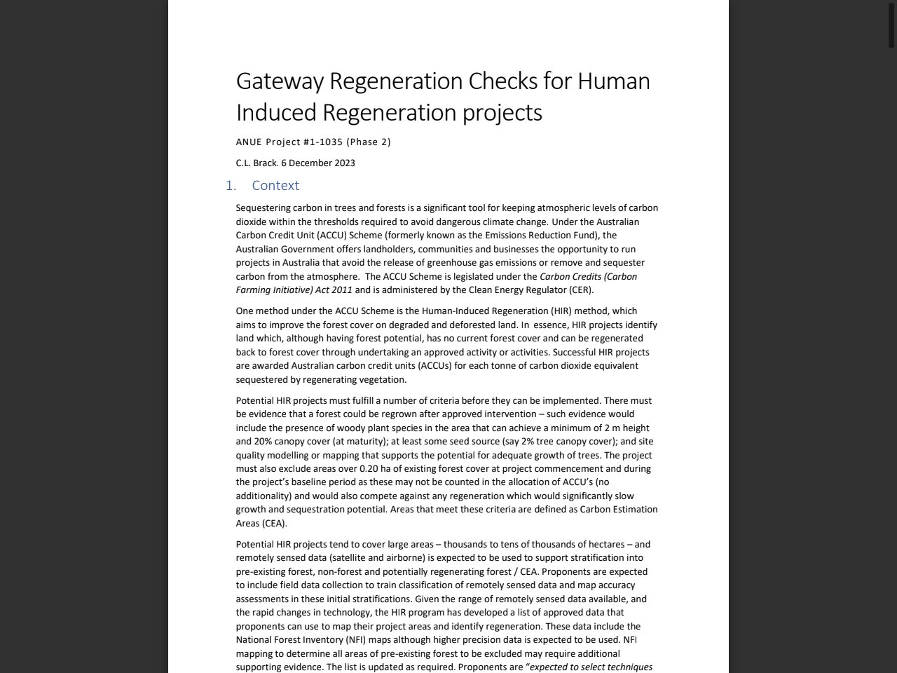 Preview of Clean Energy Regulator (CER). (2023). Gateway regeneration checks: Human-induced regeneration projects. Australian Government.