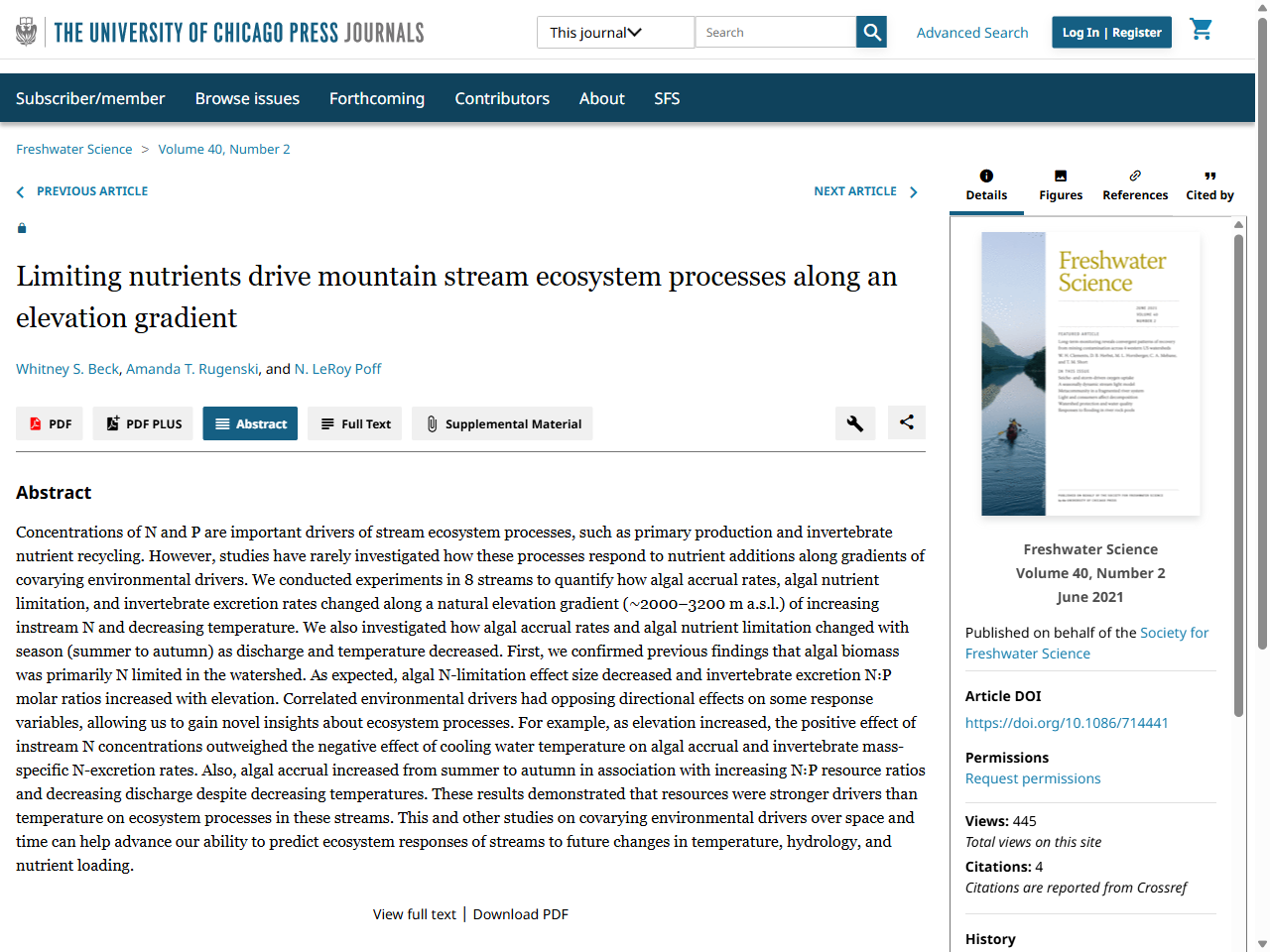 Preview of Limiting nutrients drive mountain stream ecosystem processes along an elevation gradient | Freshwater Science: Vol 40, No 2, accessed August 17, 2025, 