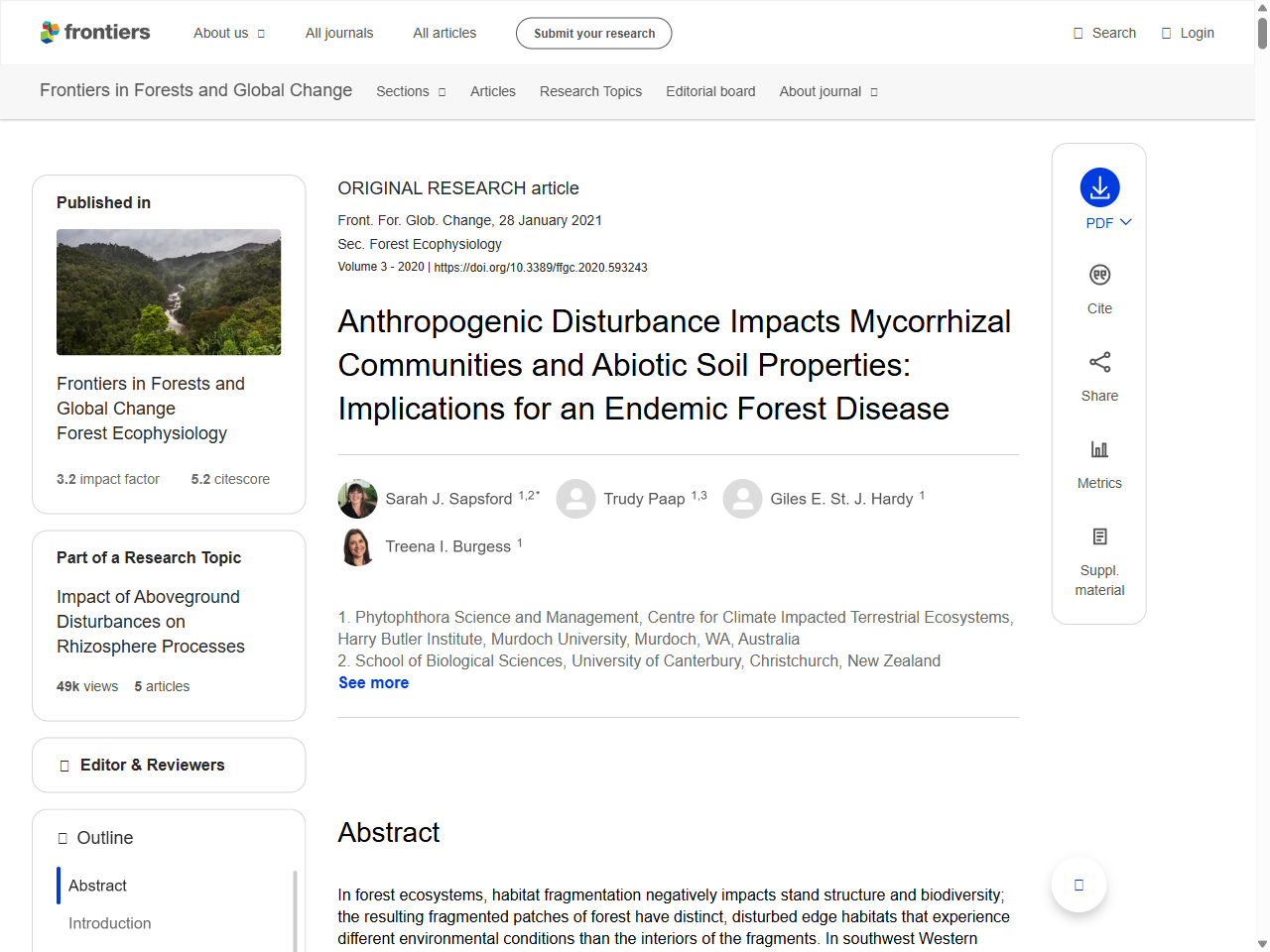 Preview of Sapsford, S. J., Paap, T., Hardy, G. E. St. J., & Burgess, T. I. (2021). Anthropogenic Disturbance Impacts Mycorrhizal Communities and Abiotic Soil Properties: Implications for an Endemic Forest Disease. Frontiers in Forests and Global Change, 3, 593243.